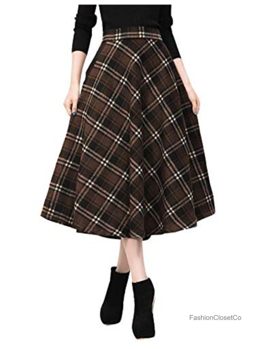 Womens Plaid Wool A-Line Skirt Mid-Calf High Waist Pleated Tartan Long Skirt